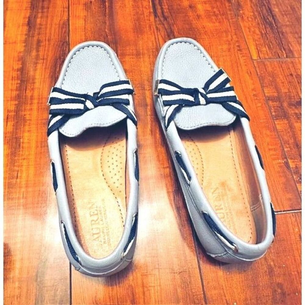 Lauren Ralph Lauren Becka Coquette Lilac-Gray Leather Loafers Blue-White Bow 7.5